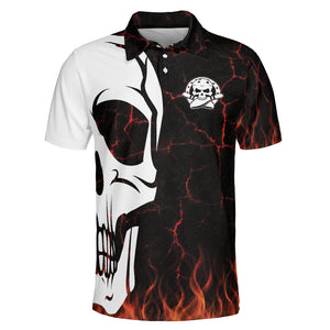 Half white skull polo with flames and bowling emblem