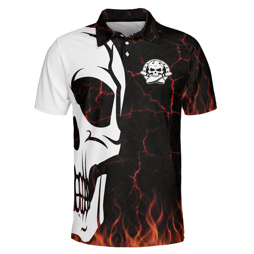 Fiery Skull Bowling Polo Shirt Flame Lava Crack White Black Design