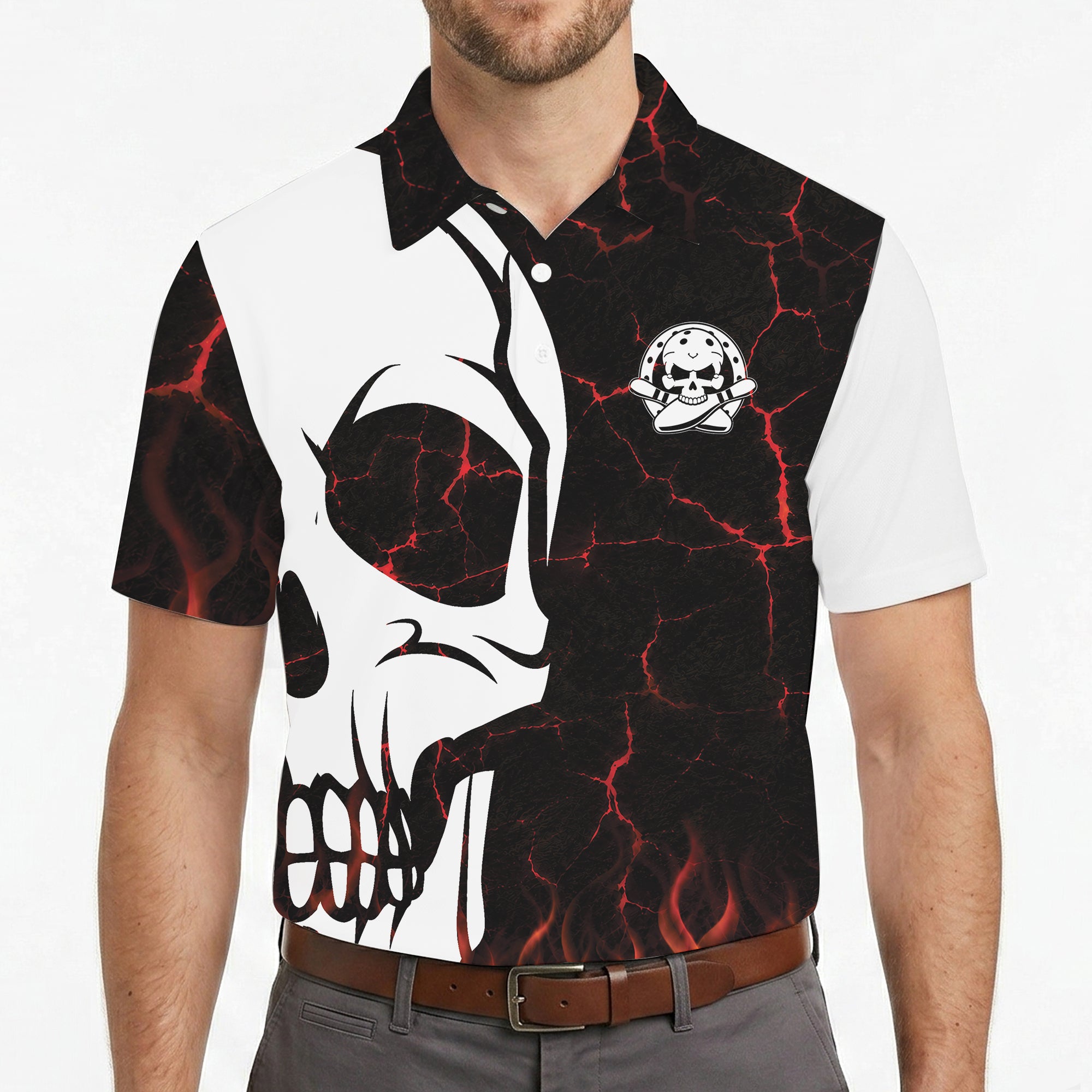 Half white skull polo with flames and bowling emblem variant 4