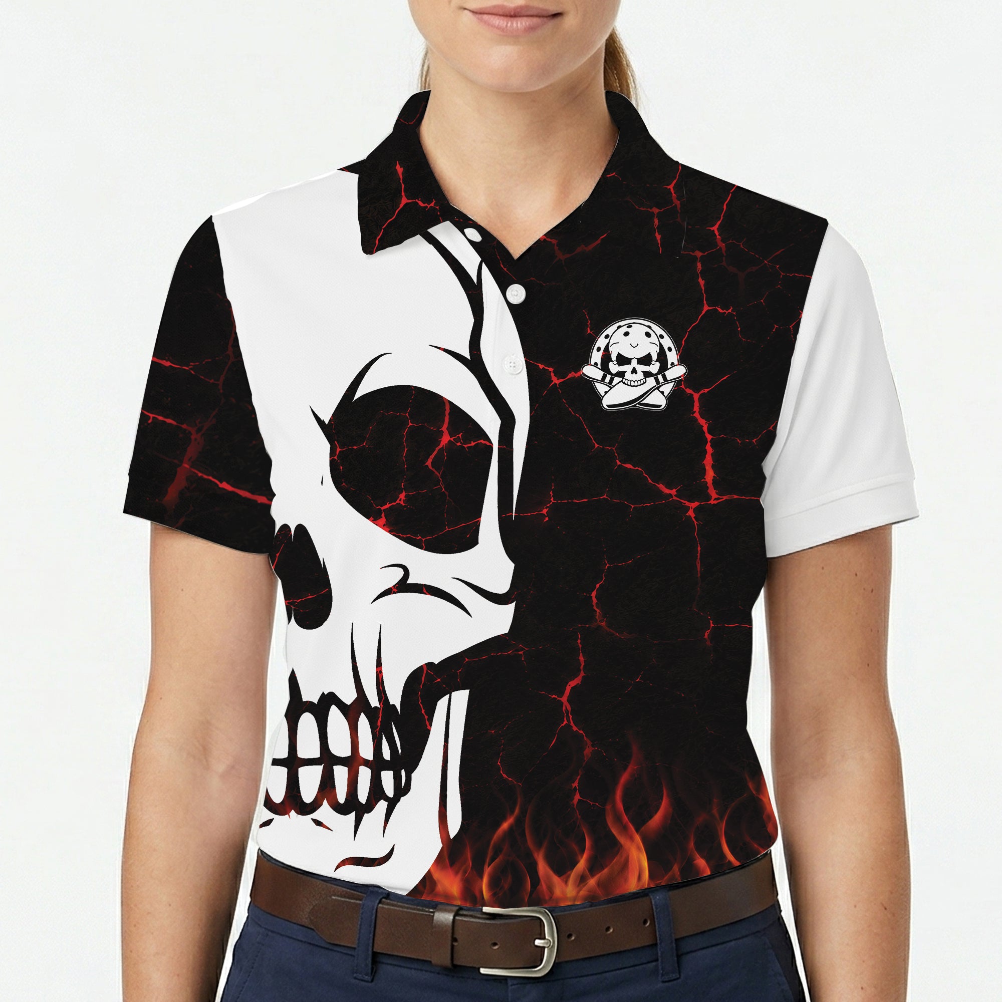 Half white skull polo with flames and bowling emblem variant 5