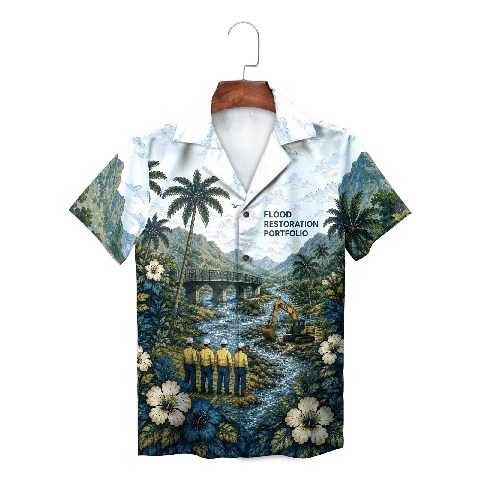 Yellow excavator by mountain stream on white aloha top variant 2