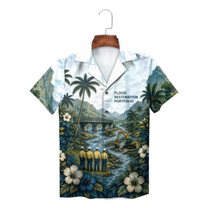 Yellow excavator by mountain stream on white aloha top variant 2