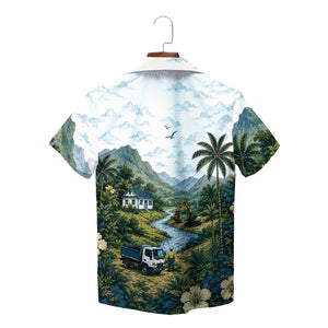 Yellow excavator by mountain stream on white aloha top variant 4