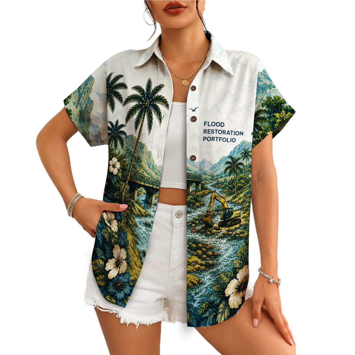 Yellow excavator by mountain stream on white aloha top variant 6