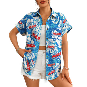 Blue white hibiscus camp shirt with red Freedom dealership logos variant 4