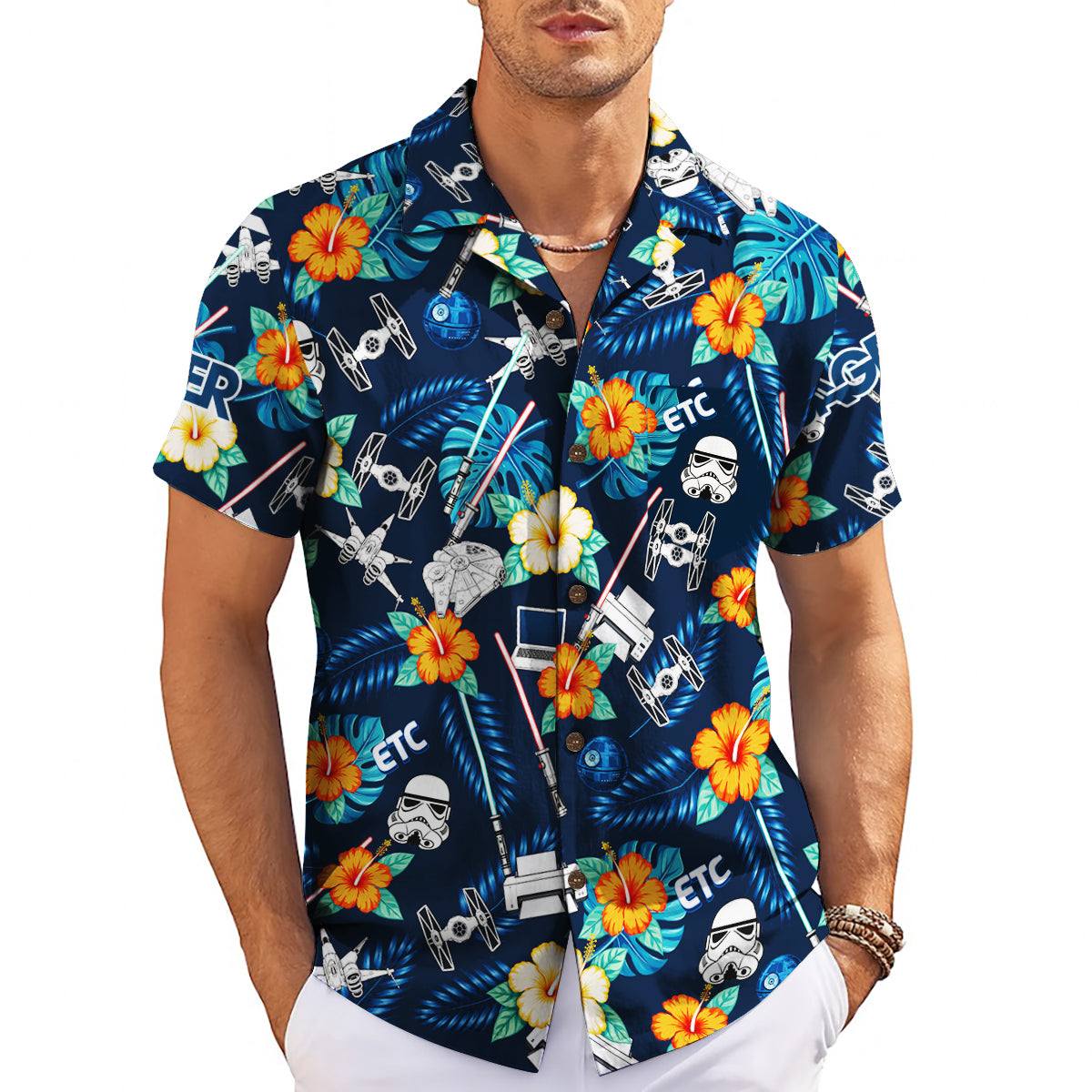 Navy aloha shirt featuring trooper helmets sabers blossoms variant 3
