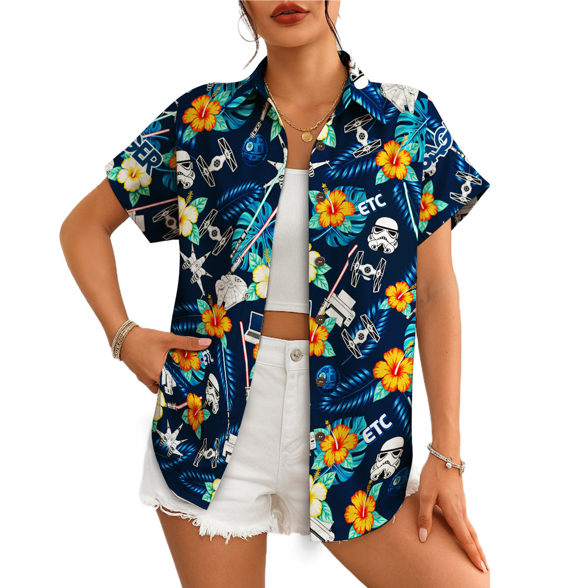 Navy aloha shirt featuring trooper helmets sabers blossoms variant 4