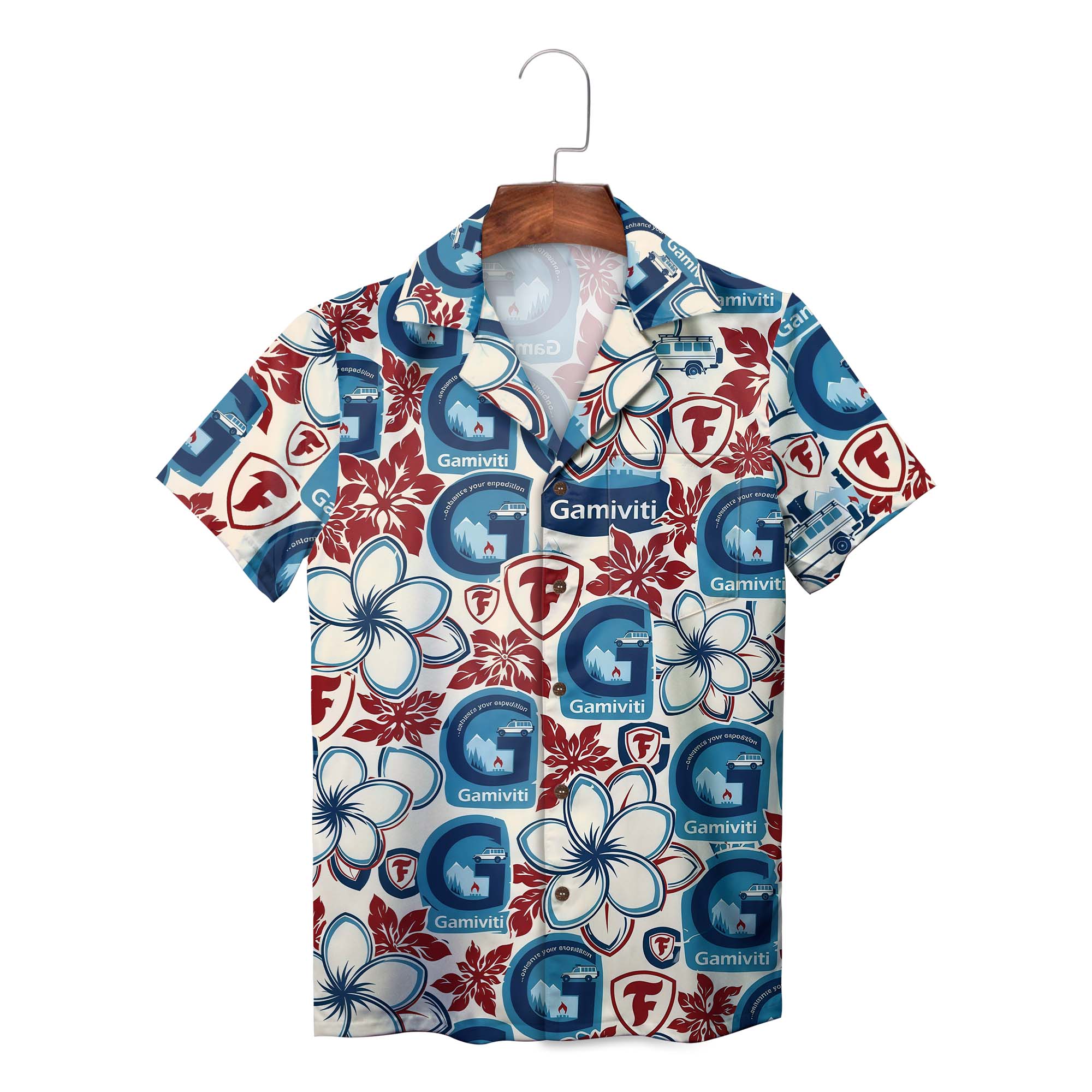Red blue floral aloha shirt featuring Gamiviti logos