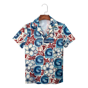 Red blue floral aloha shirt featuring Gamiviti logos