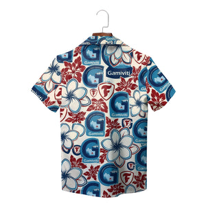 Red blue floral aloha shirt featuring Gamiviti logos variant 2