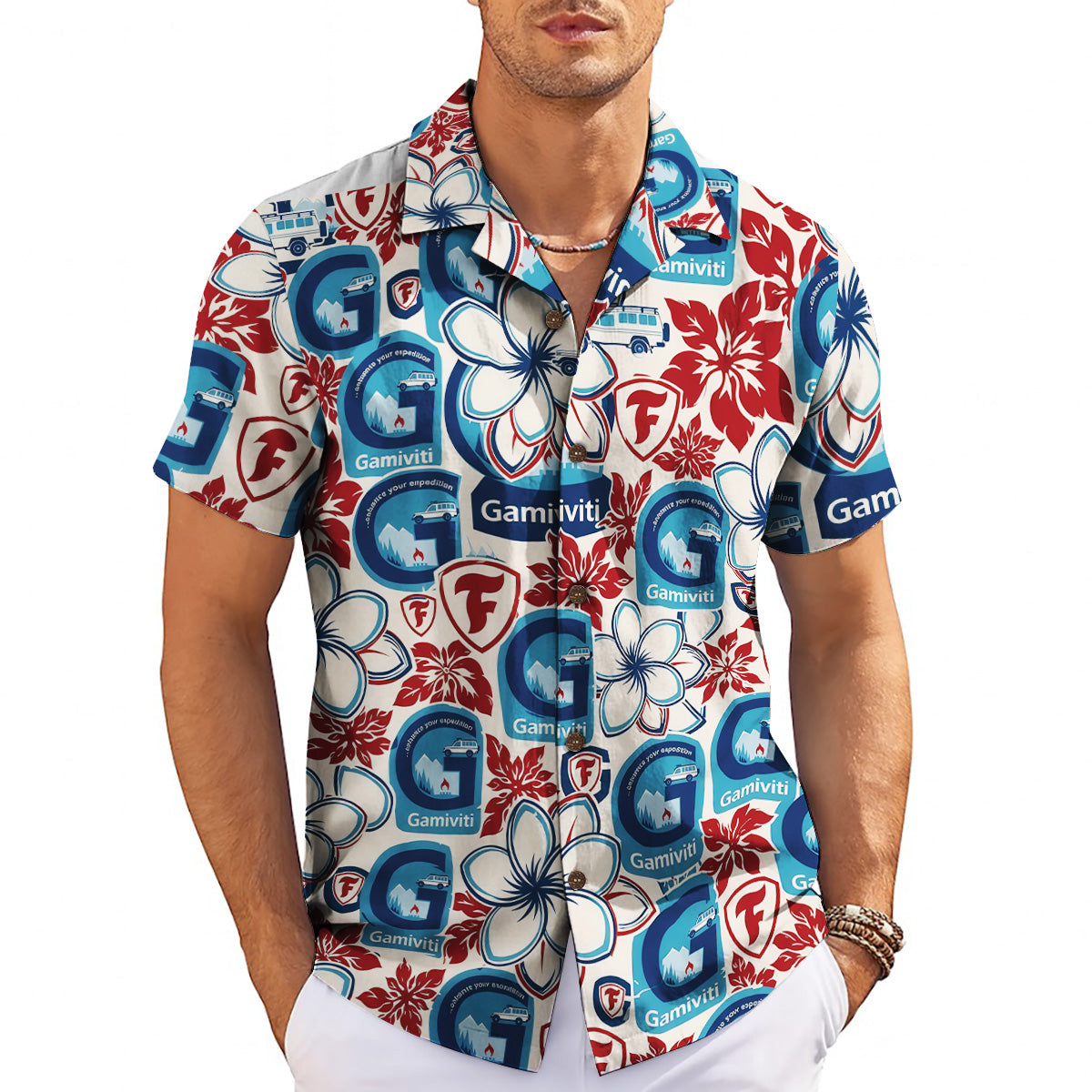 Red blue floral aloha shirt featuring Gamiviti logos variant 3