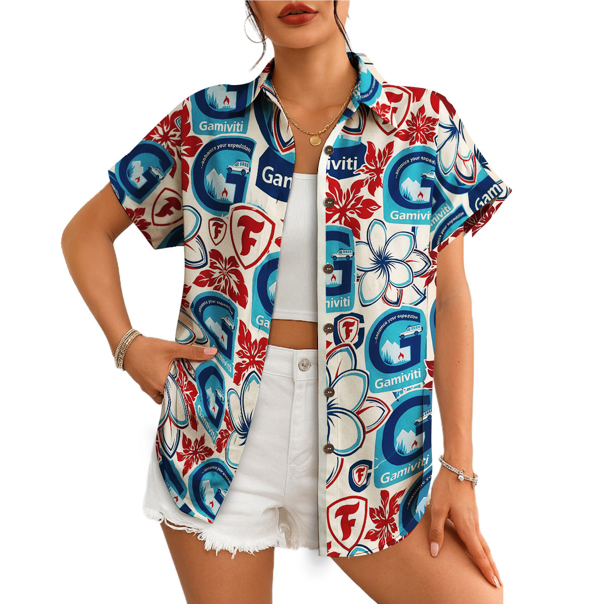 Red blue floral aloha shirt featuring Gamiviti logos variant 4