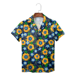 Navy aloha shirt featuring orange flowers blue petals green foliage