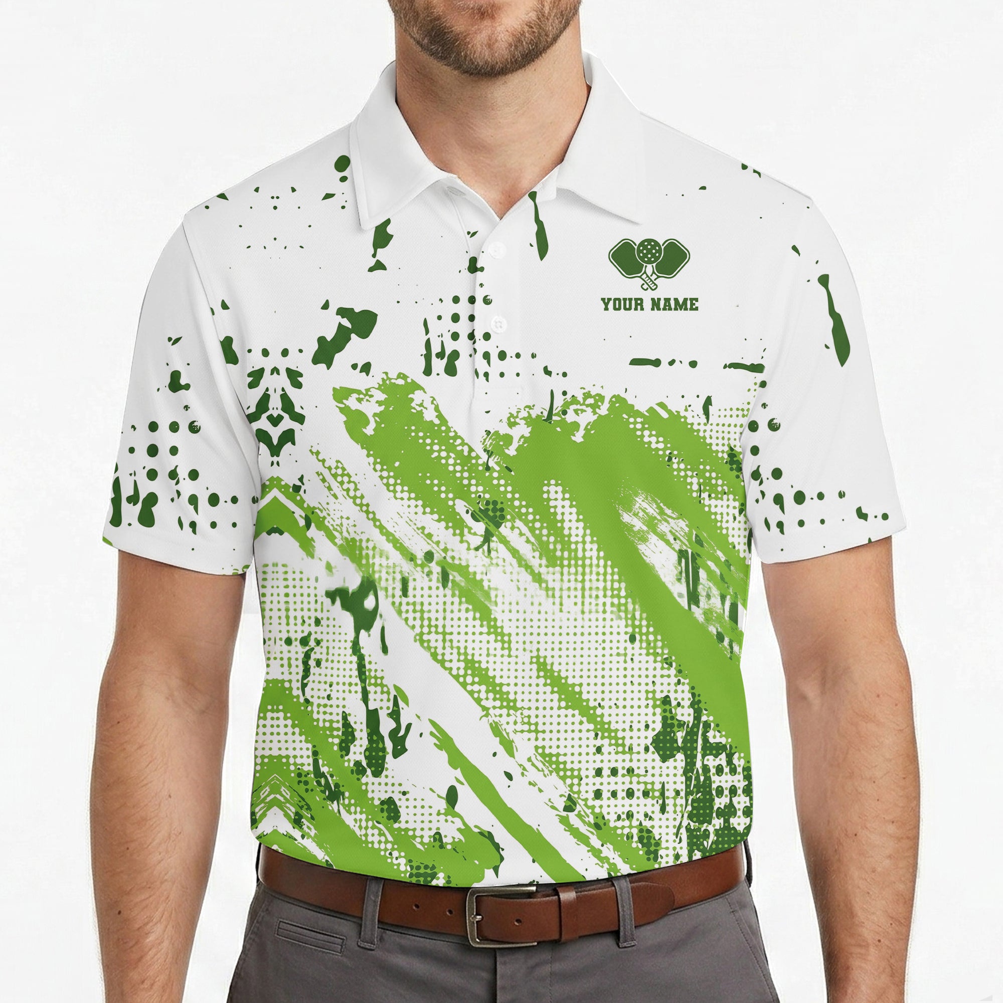 White polo shirt lime green paint splash pickleball design