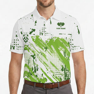 White polo shirt lime green paint splash pickleball design