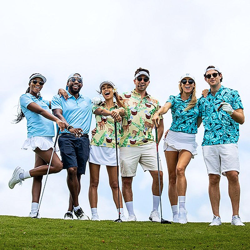 Group in custom printed polo shirts
