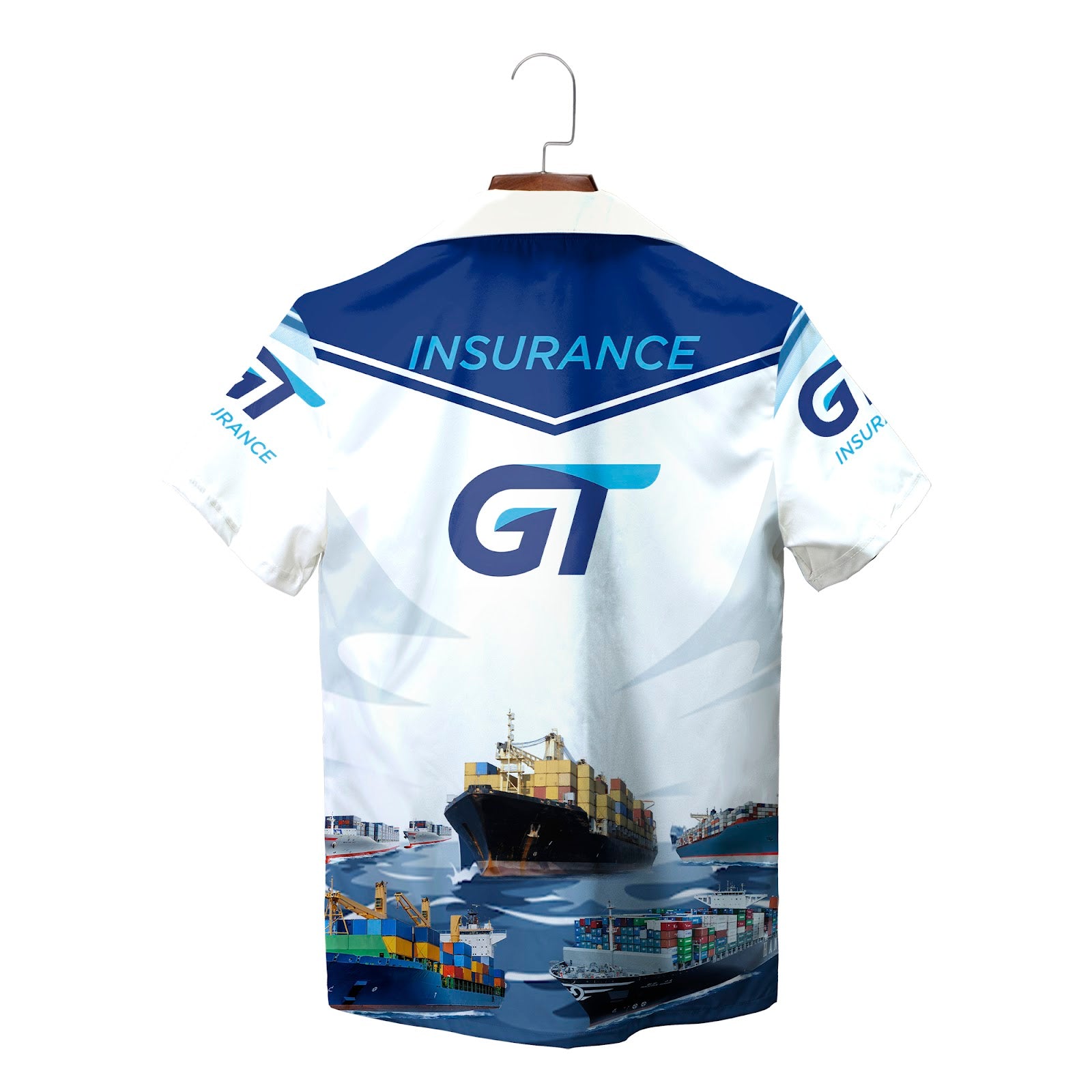 Blue Hawaiian shirt with trucks on highway and GT Insurance logos variant 2