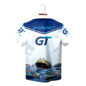 Blue Hawaiian shirt with trucks on highway and GT Insurance logos variant 2