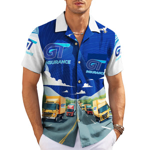 Blue Hawaiian shirt with trucks on highway and GT Insurance logos variant 3