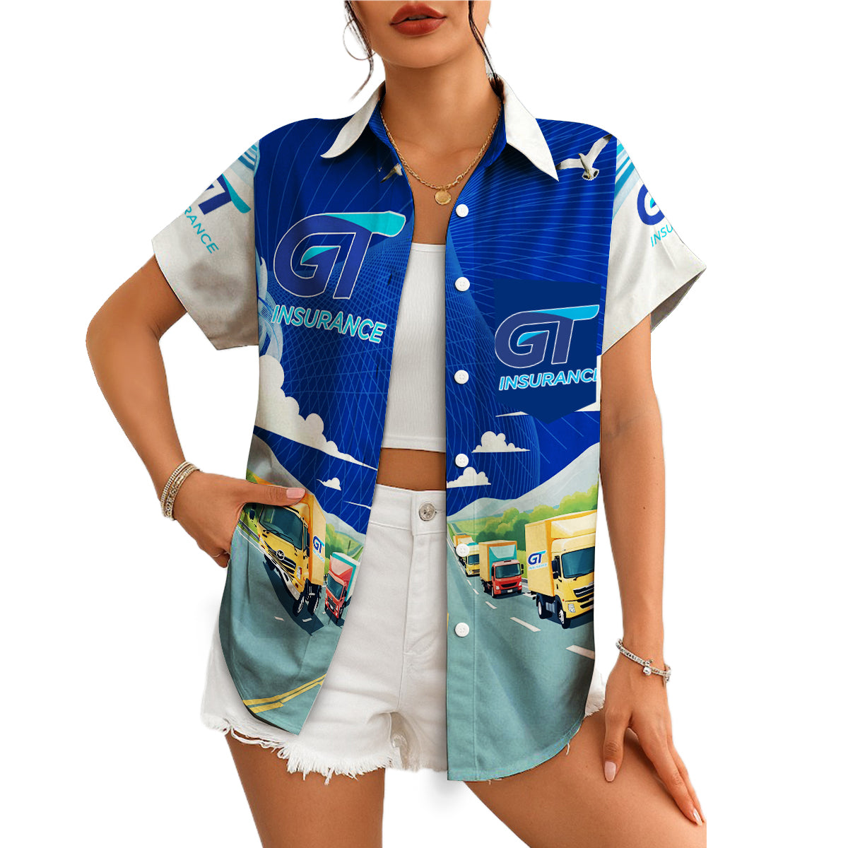 Blue Hawaiian shirt with trucks on highway and GT Insurance logos variant 4