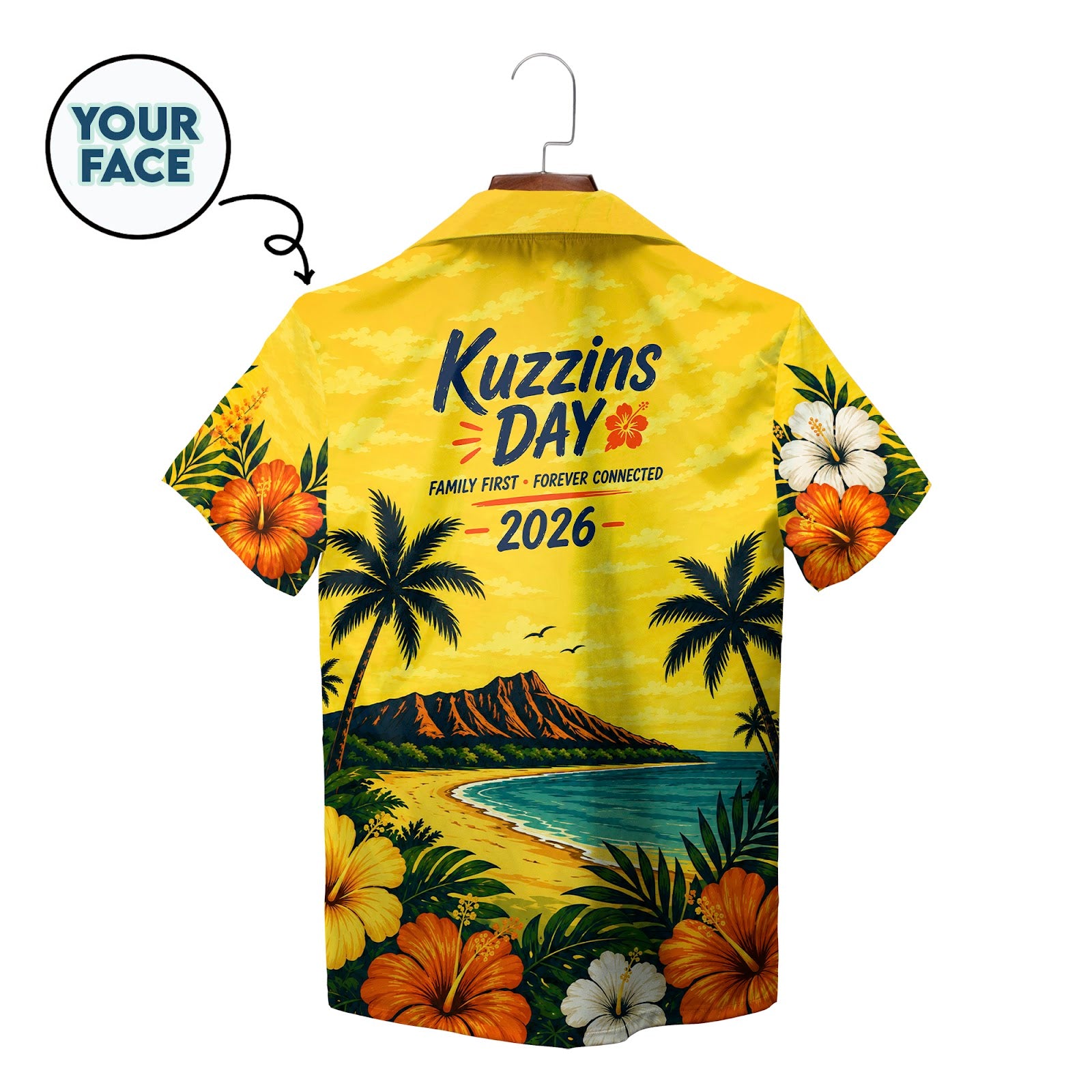 Yellow aloha shirt featuring sunset beach palms hibiscus blooms variant 2