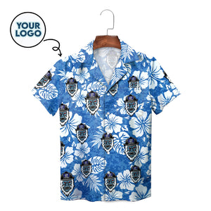Blue floral aloha shirt featuring fierce yeti mascot heads