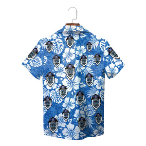 Blue floral aloha shirt featuring fierce yeti mascot heads variant 2