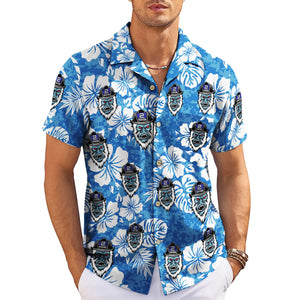 Blue floral aloha shirt featuring fierce yeti mascot heads variant 3
