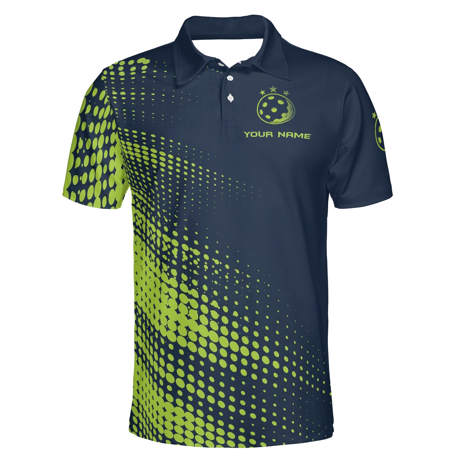 Navy polo shirt with lime green halftone dots pickleball logo