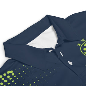 Navy polo shirt with lime green halftone dots pickleball logo variant 3