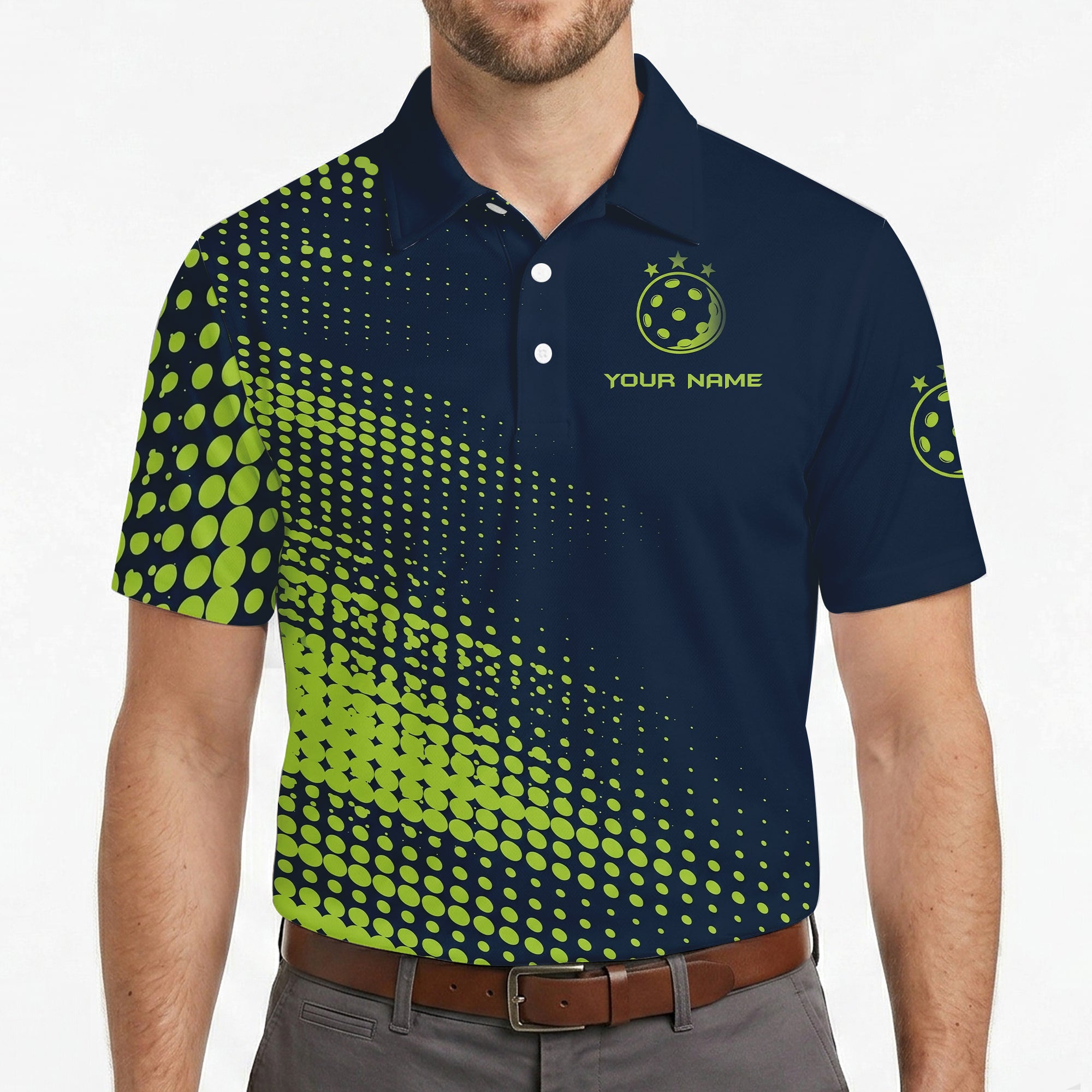 Navy polo shirt with lime green halftone dots pickleball logo variant 4