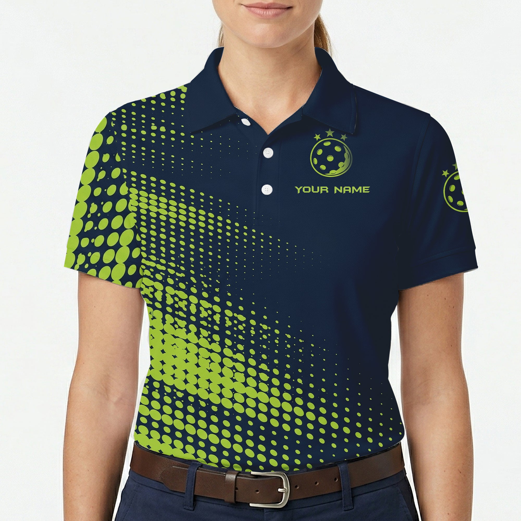 Navy polo shirt with lime green halftone dots pickleball logo variant 5
