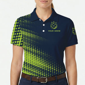 Navy polo shirt with lime green halftone dots pickleball logo variant 5