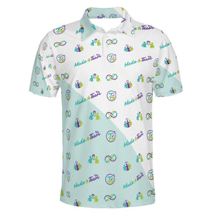 Mint white polo with teal purple teamwork icons