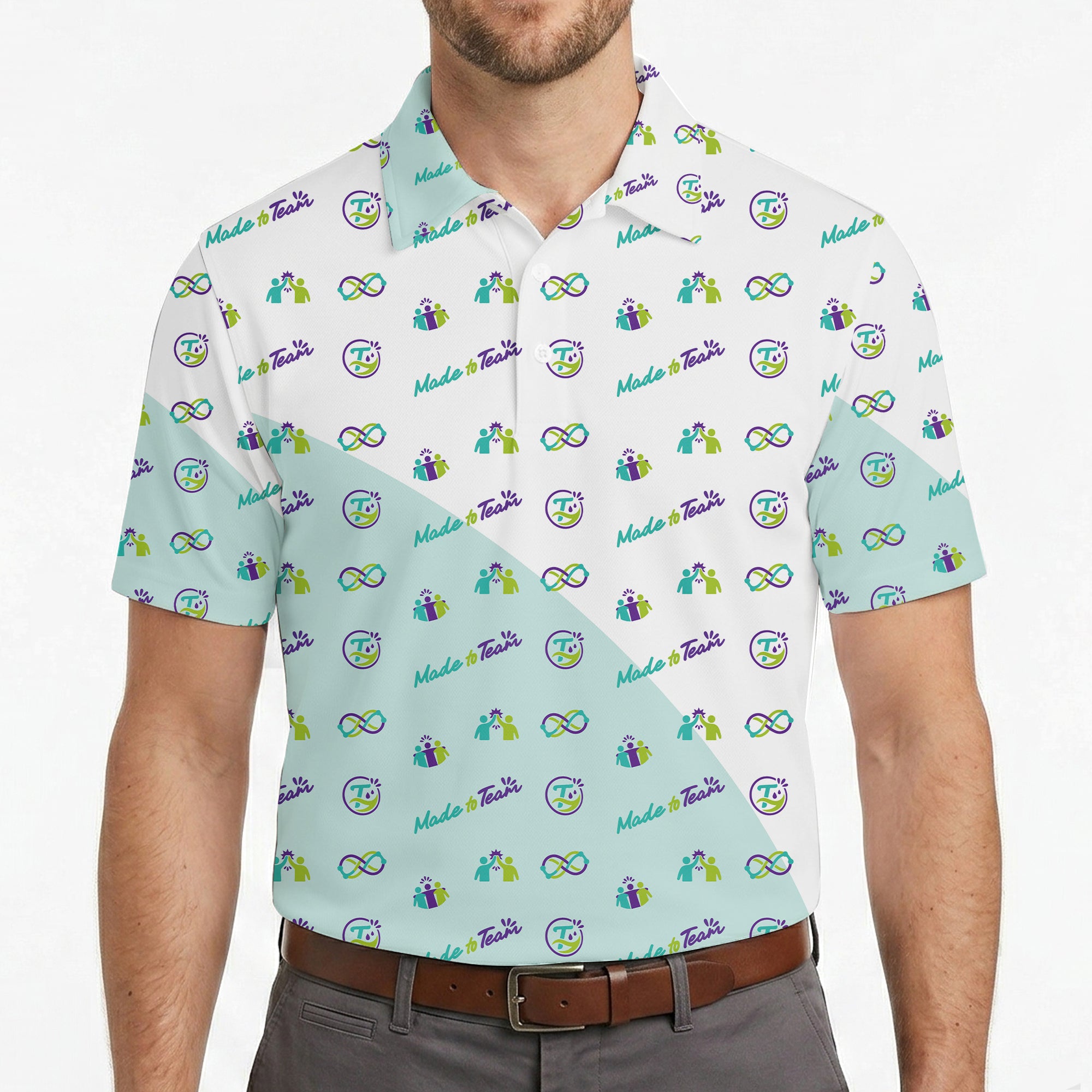 Mint white polo with teal purple teamwork icons variant 4