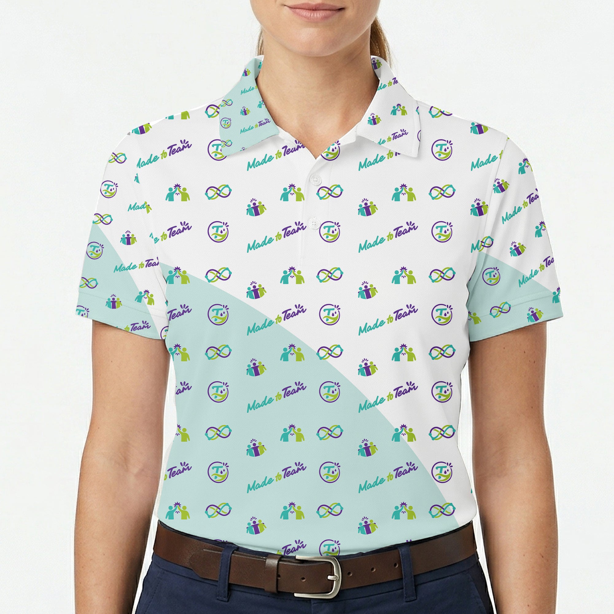 Mint white polo with teal purple teamwork icons variant 5