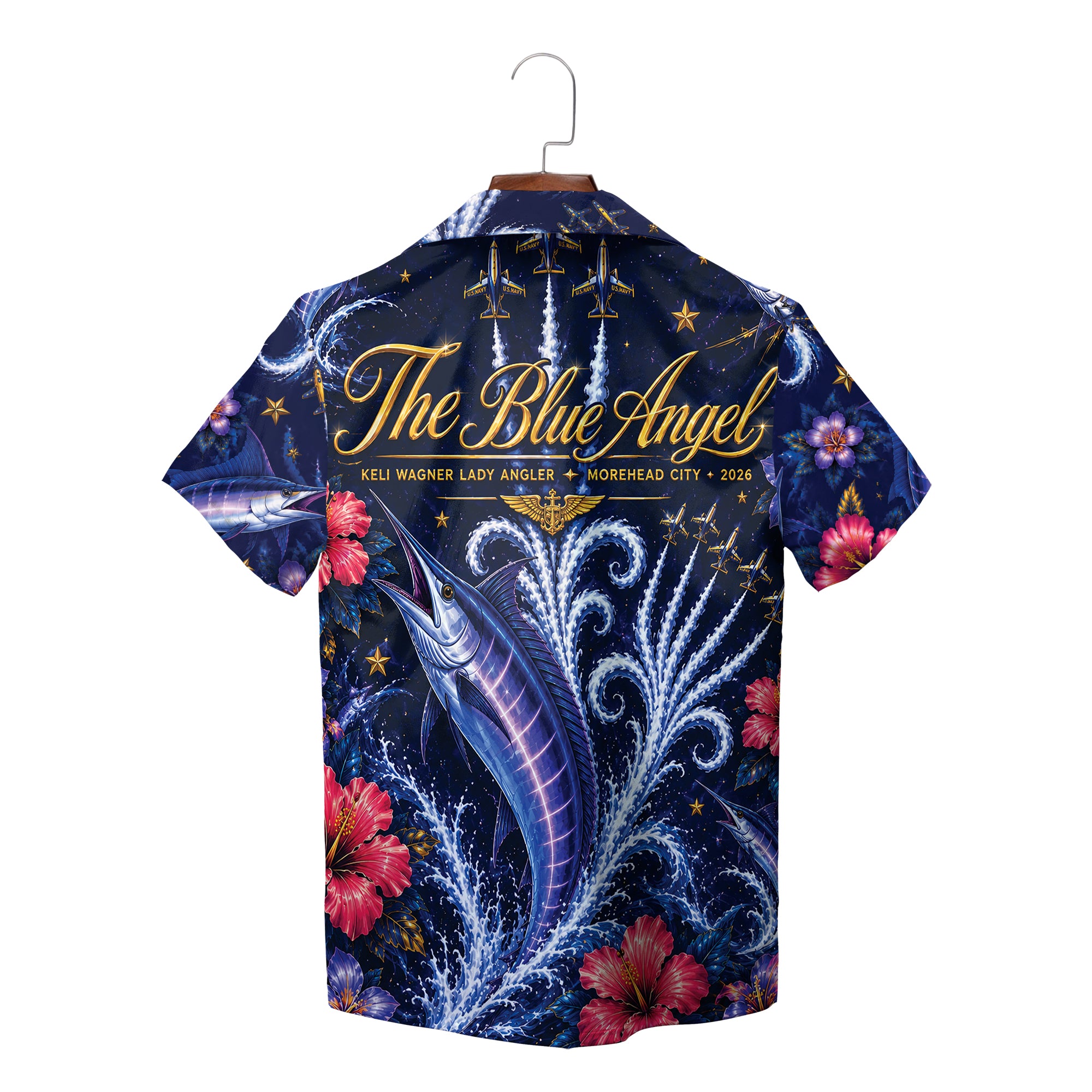 Navy Hawaiian shirt with marlins waves hibiscus flowers variant 2