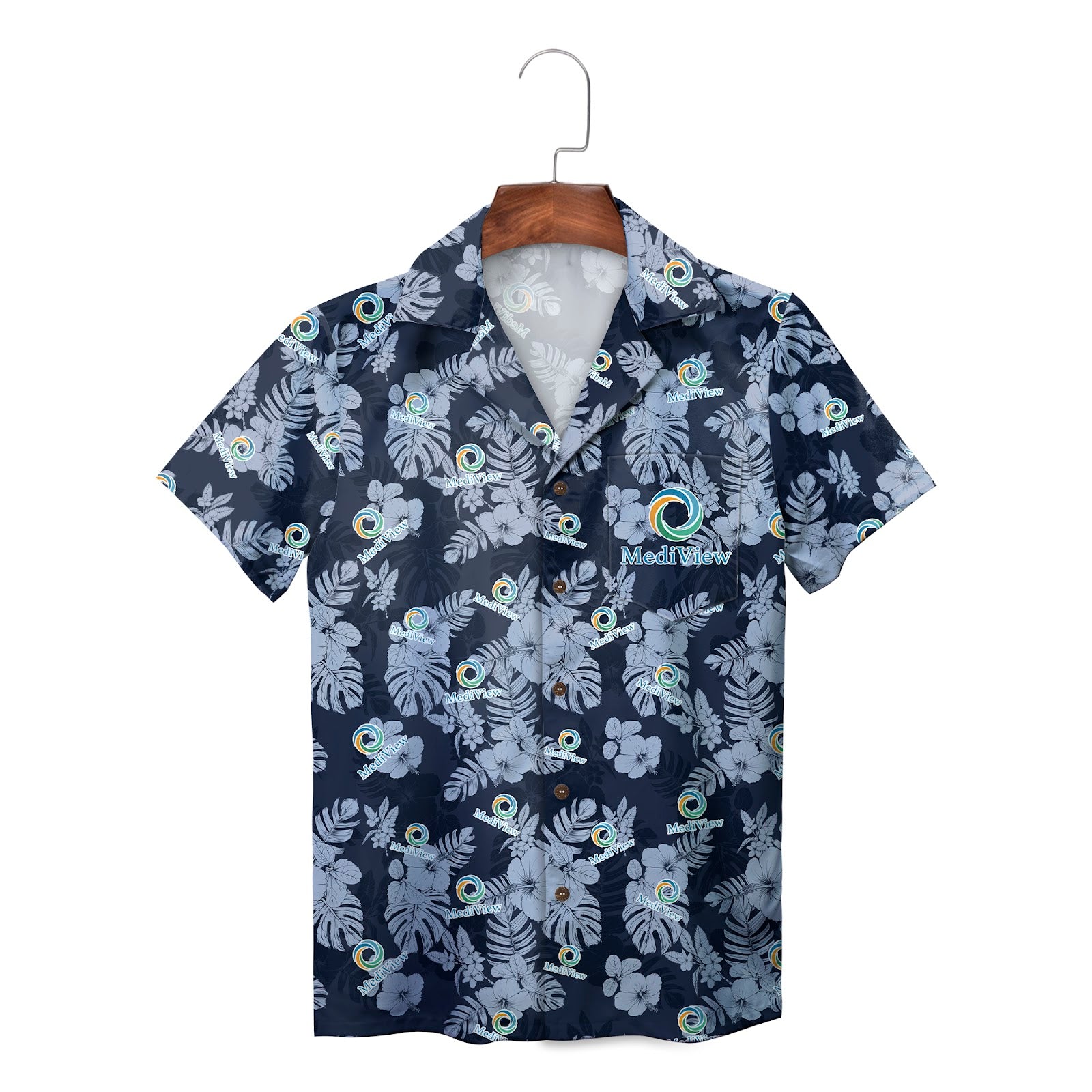 Royal blue aloha shirt featuring white hibiscus leaves MediView logo variant 3