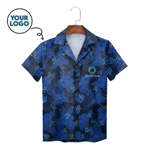 Royal blue aloha shirt featuring white hibiscus leaves MediView logo variant 4