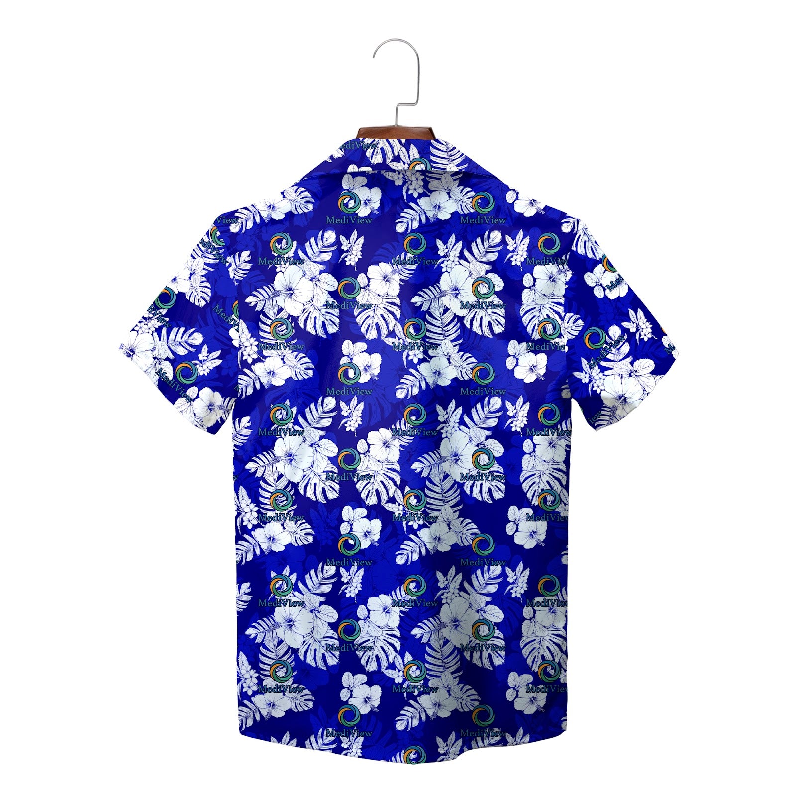 Royal blue aloha shirt featuring white hibiscus leaves MediView logo variant 5