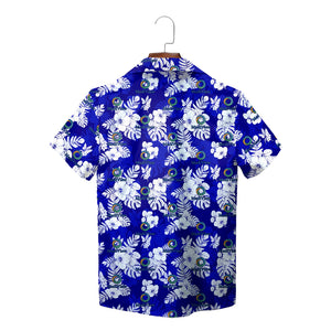 Royal blue aloha shirt featuring white hibiscus leaves MediView logo variant 5