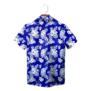 Royal blue aloha shirt featuring white hibiscus leaves MediView logo variant 6