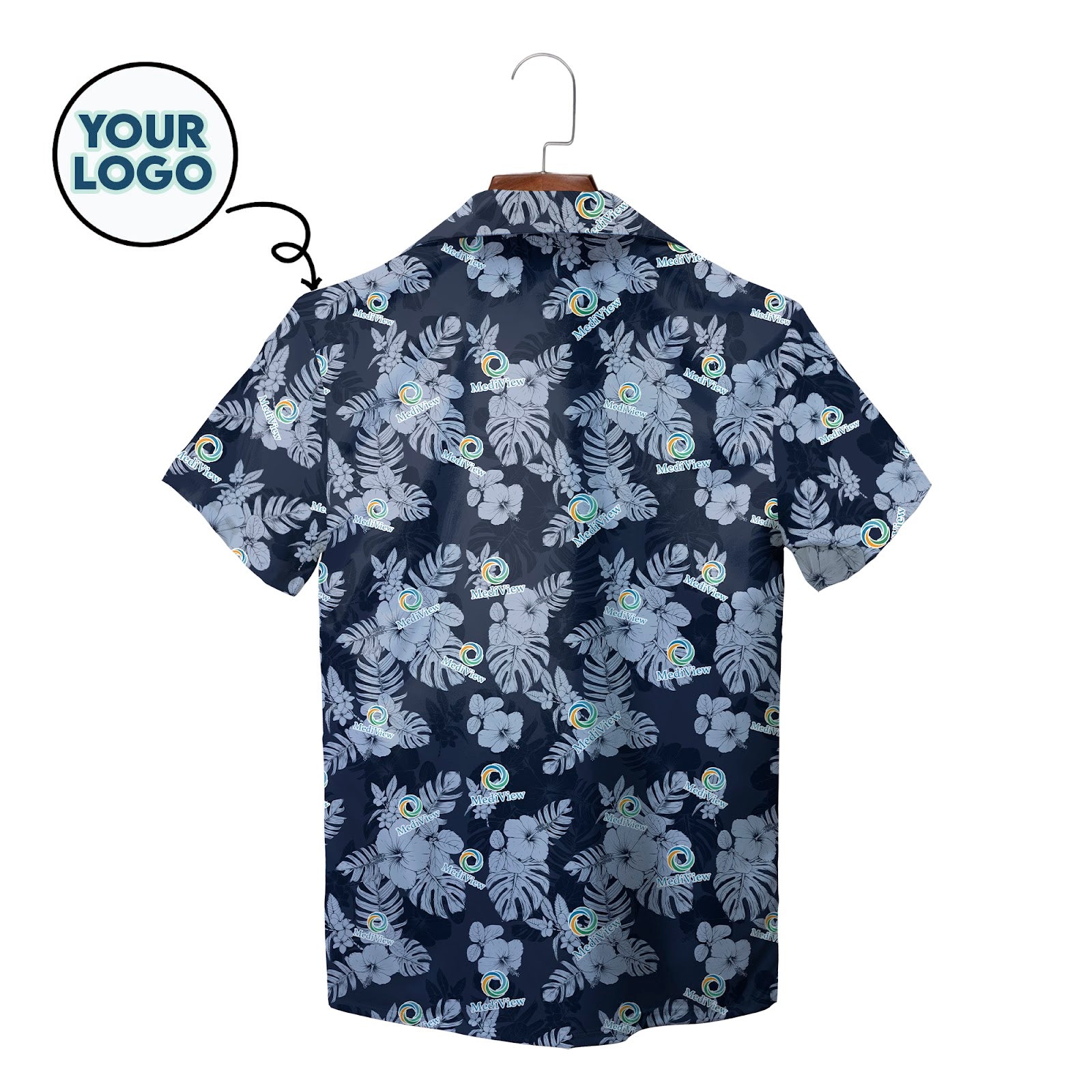 Royal blue aloha shirt featuring white hibiscus leaves MediView logo variant 7