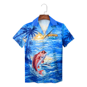Blue Hawaiian shirt red snapper fish jumping ocean waves palms