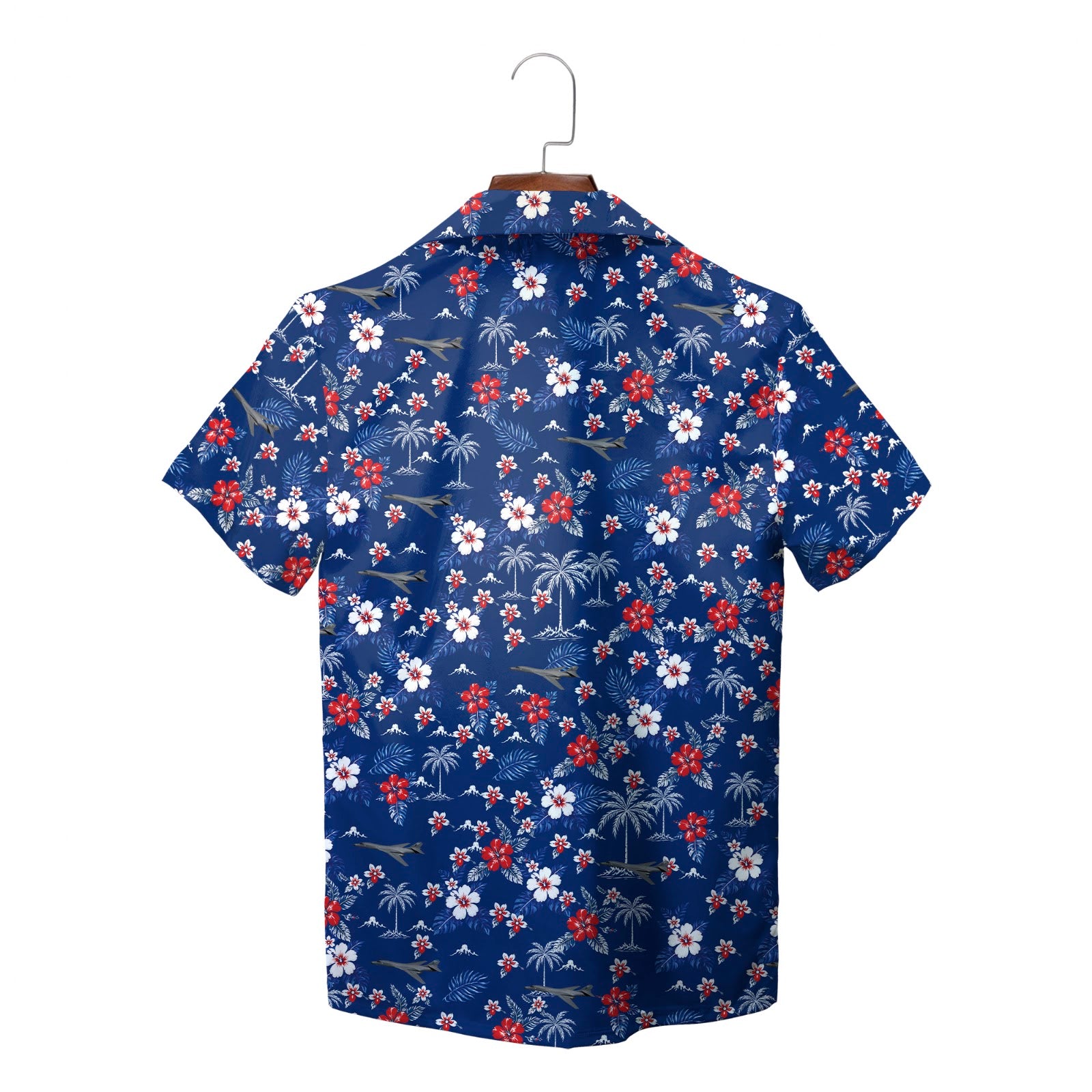Blue floral Hawaiian shirt with palm trees and aircraft variant 2