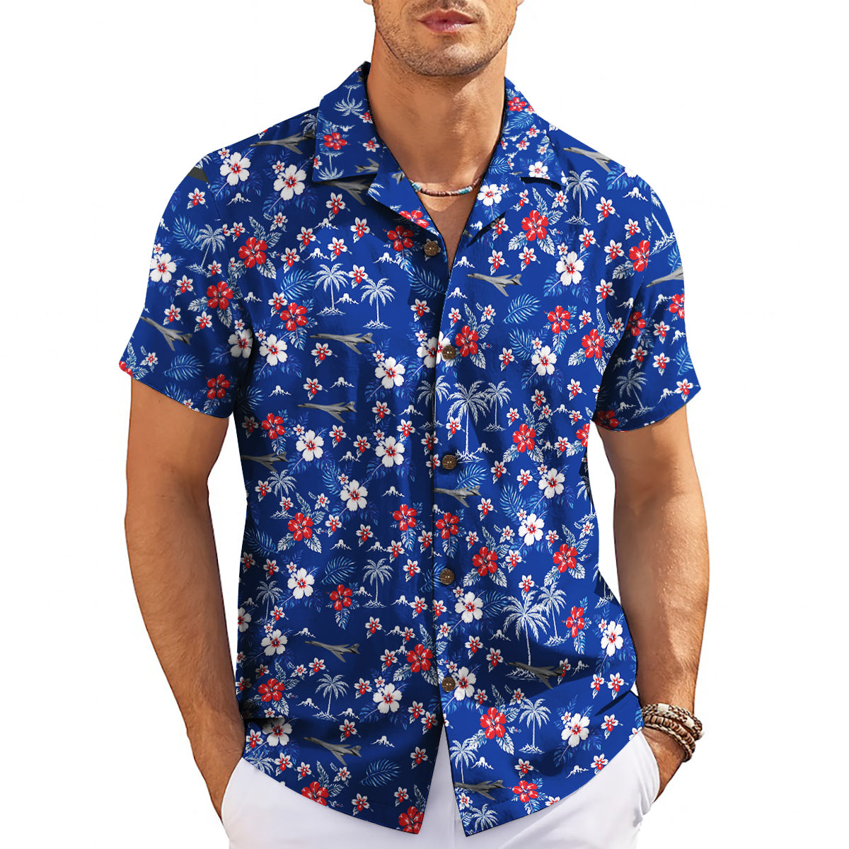 Blue floral Hawaiian shirt with palm trees and aircraft variant 3