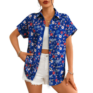 Blue floral Hawaiian shirt with palm trees and aircraft variant 4
