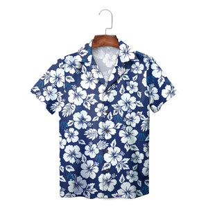 Dark blue camp collar shirt covered in white tropical blooms