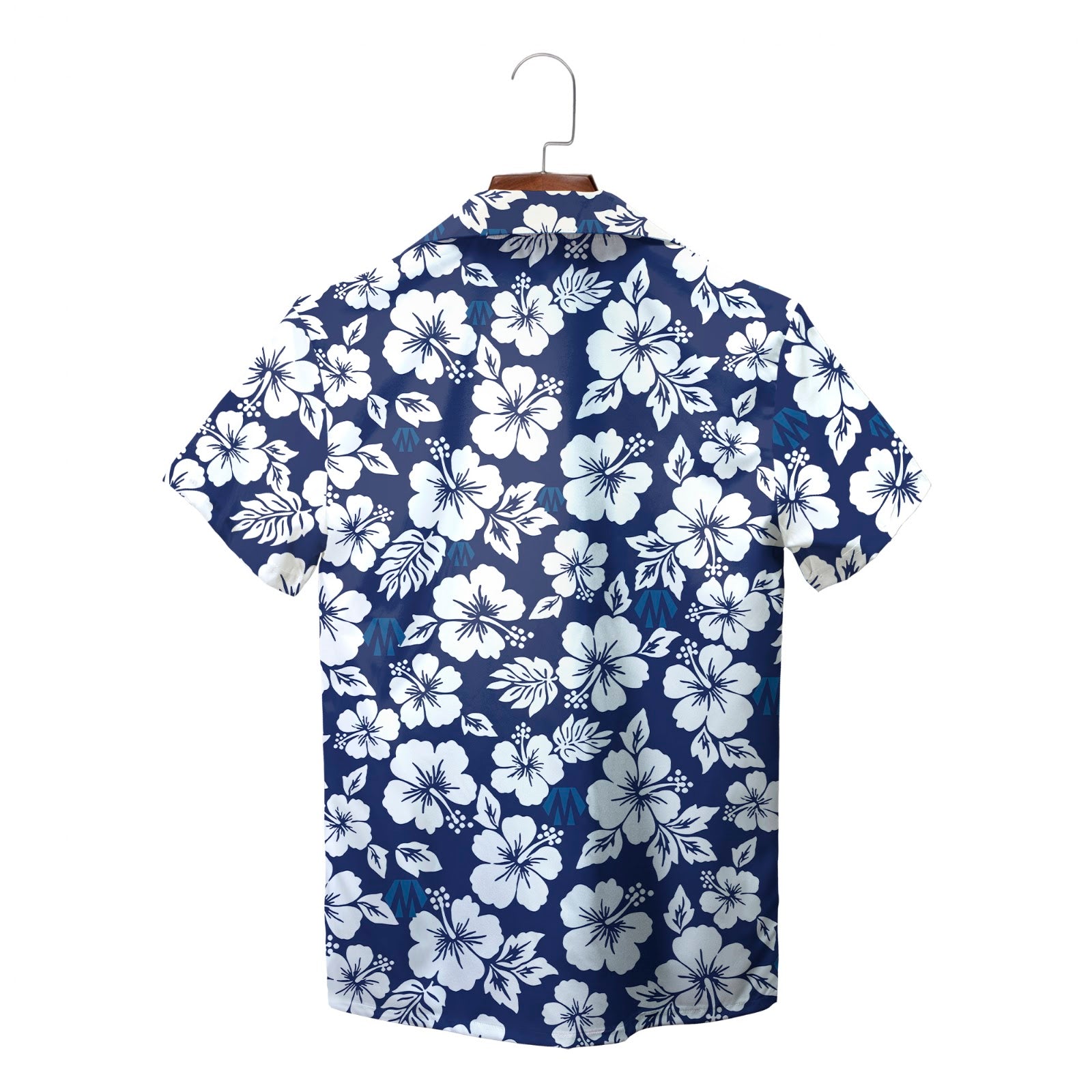 Dark blue camp collar shirt covered in white tropical blooms variant 2