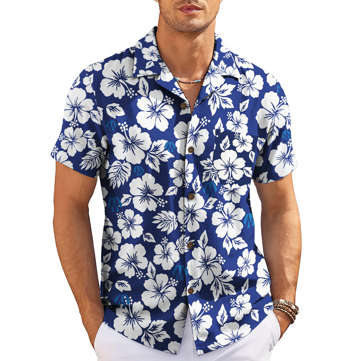 Dark blue camp collar shirt covered in white tropical blooms variant 3